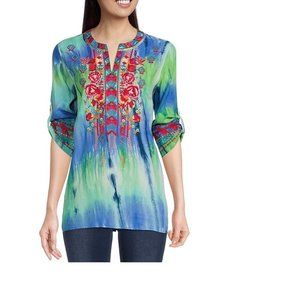 Calessa Women Tunic Blouse Crinkle Tie Dye Floral Embroidered 3/4 Sleeve S NWT
